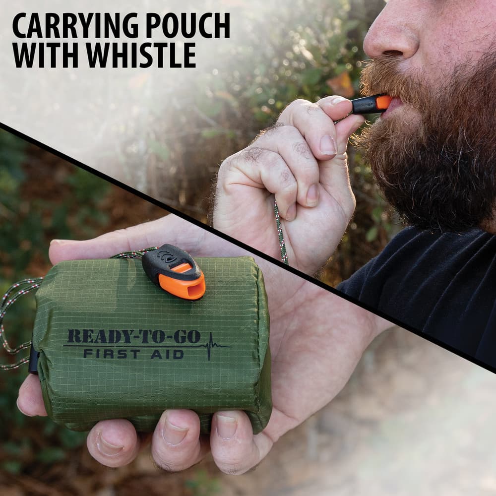 Full image showing the carrying pouch and whistle that comes with the Camo Emergency Sleeping Bag. image number 1